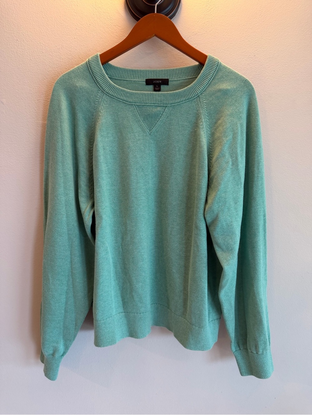 J.Crew Womens Mint Green Raglan Sleeve V-Stitch Crewneck‎ Sweater Size L